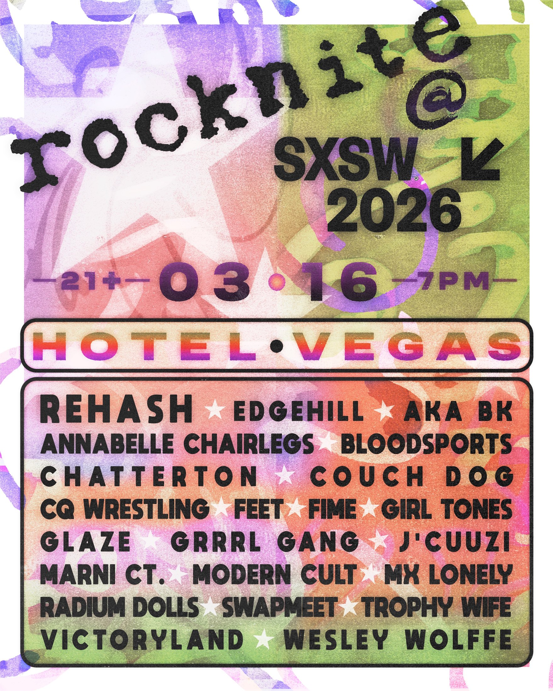 rocknite @ SXSW 2026 lineup poster — Hotel Vegas, March 16